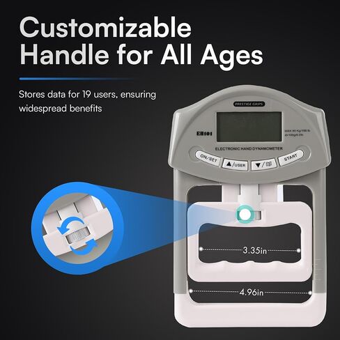 جهاز اختبار قوة قبضة Prestige - مقياس قوة اليد الإلكتروني مع أجهزة استشعار دقيقة ومقبض قابل للتعديل - يناسب معظم الأيدي - 90 كجم/198 رطلاً. قراءة الطاقة القصوى - للاستخدام المنزلي والرياضي وإعادة التأهيل والاستخدام السريري in Kuwait