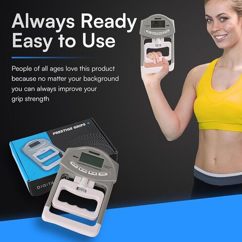 جهاز اختبار قوة قبضة Prestige - مقياس قوة اليد الإلكتروني مع أجهزة استشعار دقيقة ومقبض قابل للتعديل - يناسب معظم الأيدي - 90 كجم/198 رطلاً. قراءة الطاقة القصوى - للاستخدام المنزلي والرياضي وإعادة التأهيل والاستخدام السريري in Kuwait