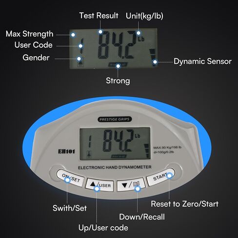 جهاز اختبار قوة قبضة Prestige - مقياس قوة اليد الإلكتروني مع أجهزة استشعار دقيقة ومقبض قابل للتعديل - يناسب معظم الأيدي - 90 كجم/198 رطلاً. قراءة الطاقة القصوى - للاستخدام المنزلي والرياضي وإعادة التأهيل والاستخدام السريري in Kuwait