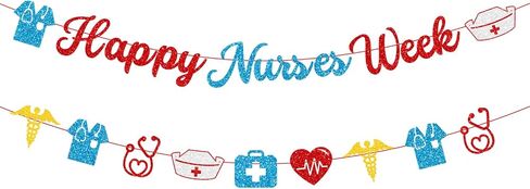 Glittery Happy Nurses Week Banner Red Blue Nurse Appreciation Week Decorations Nurse Day Fireplace Wall Garland Thank You Nurses Nursing School Party Decorations in Saudi Arabia