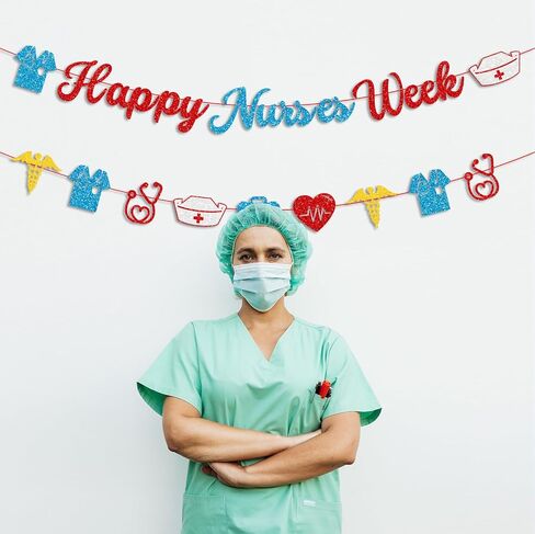 Glittery Happy Nurses Week Banner Red Blue Nurse Appreciation Week Decorations Nurse Day Fireplace Wall Garland Thank You Nurses Nursing School Party Decorations in Saudi Arabia