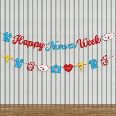 Glittery Happy Nurses Week Banner Red Blue Nurse Appreciation Week Decorations Nurse Day Fireplace Wall Garland Thank You Nurses Nursing School Party Decorations in Saudi Arabia