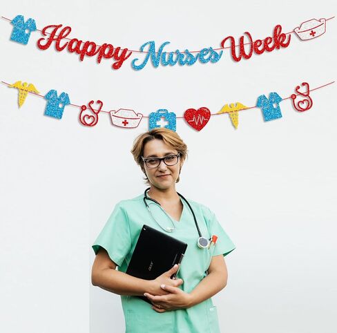 Glittery Happy Nurses Week Banner Red Blue Nurse Appreciation Week Decorations Nurse Day Fireplace Wall Garland Thank You Nurses Nursing School Party Decorations in Saudi Arabia