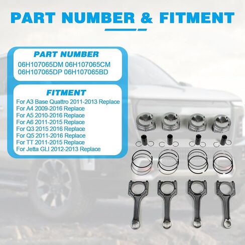 مجموعة 4 قطع من المكابس وقضبان التوصيل بقطر 23 مم تناسب A3 A4 A5 A7 A8 Q5 TT 2011-2017، Golf Jetta Passat Tiguan 2.0T 2012-2017 استبدال OE 06H107065DM 06H107065CM 06H107065DP 06H107065BD in Kuwait