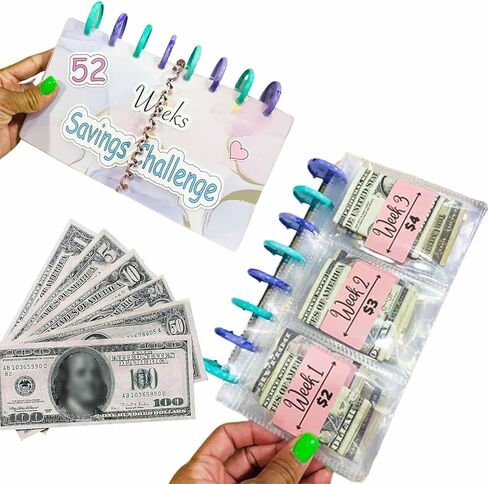 ملف التوفير l تحدي التوفير لمدة 52 أسبوعًا، كتاب الميزانية القابل لإعادة الاستخدام، مجلد التوفير النقدي، كتاب تحديات التوفير مع الأظرف، منظم النقود مع غطاء بلوري، مخطط كتاب الميزانية (قطعة واحدة) in Kuwait