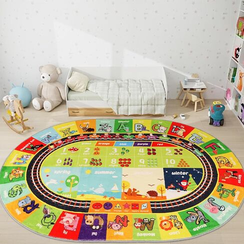 ABC Kids Rug Oval 3.3'×5' Educational Playmat Rug Carpet, Alphabet Animal Number Month Season Faux Wool Early Learning Rug for Playroom Game Area Playmat for Tummy Time in Saudi Arabia