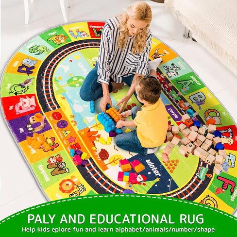 ABC Kids Rug Oval 3.3'×5' Educational Playmat Rug Carpet, Alphabet Animal Number Month Season Faux Wool Early Learning Rug for Playroom Game Area Playmat for Tummy Time in Saudi Arabia