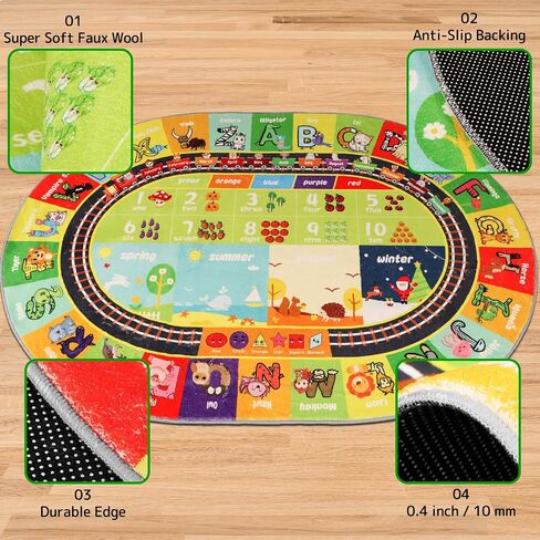 ABC Kids Rug Oval 3.3'×5' Educational Playmat Rug Carpet, Alphabet Animal Number Month Season Faux Wool Early Learning Rug for Playroom Game Area Playmat for Tummy Time in Saudi Arabia