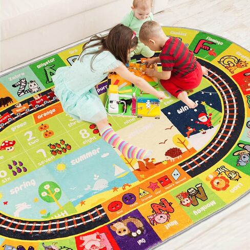ABC Kids Rug Oval 3.3'×5' Educational Playmat Rug Carpet, Alphabet Animal Number Month Season Faux Wool Early Learning Rug for Playroom Game Area Playmat for Tummy Time in Saudi Arabia