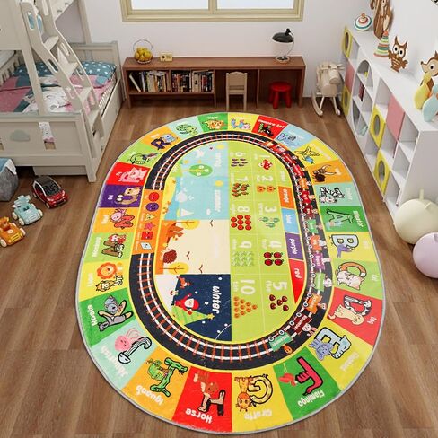 ABC Kids Rug Oval 3.3'×5' Educational Playmat Rug Carpet, Alphabet Animal Number Month Season Faux Wool Early Learning Rug for Playroom Game Area Playmat for Tummy Time in Saudi Arabia