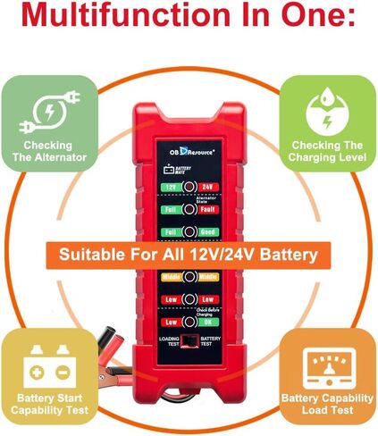 جهاز اختبار بطارية السيارة 2 في 1، جهاز اختبار حمل البطارية 12 فولت 24 فولت للشاحنات والسيارات، واختبار حالة البطارية ومحلل نظام شحن المولد مع أجهزة اختبار دائرة الإشارة LED in Kuwait