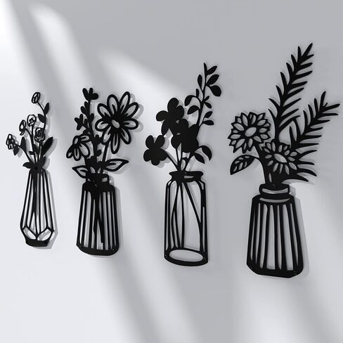 مجموعة ديكور حائط من الزهور المعدنية مكونة من 4 قطع، زهور سوداء حديدية مع منحوتات مزهريات، ديكور منزلي للحمام وغرفة المعيشة وغرفة النوم والمطبخ والشرفة in Kuwait