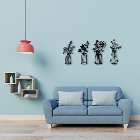 مجموعة ديكور حائط من الزهور المعدنية مكونة من 4 قطع، زهور سوداء حديدية مع منحوتات مزهريات، ديكور منزلي للحمام وغرفة المعيشة وغرفة النوم والمطبخ والشرفة in Kuwait