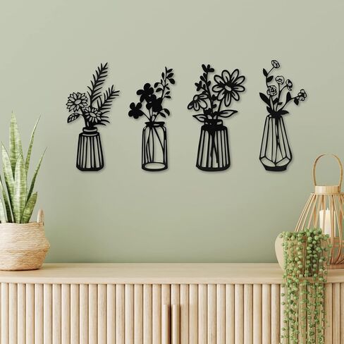 مجموعة ديكور حائط من الزهور المعدنية مكونة من 4 قطع، زهور سوداء حديدية مع منحوتات مزهريات، ديكور منزلي للحمام وغرفة المعيشة وغرفة النوم والمطبخ والشرفة in Kuwait