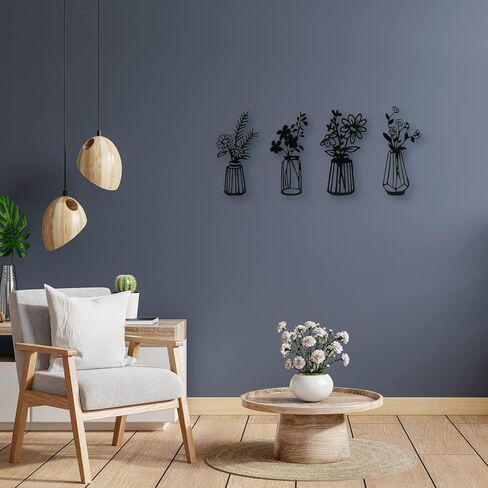 مجموعة ديكور حائط من الزهور المعدنية مكونة من 4 قطع، زهور سوداء حديدية مع منحوتات مزهريات، ديكور منزلي للحمام وغرفة المعيشة وغرفة النوم والمطبخ والشرفة in Kuwait