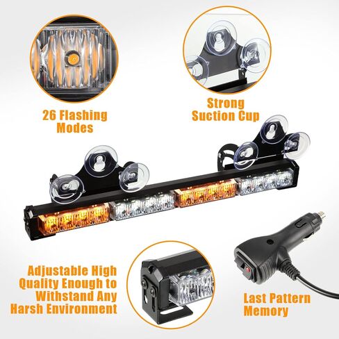 Woanger 4 Pcs Emergency Flashing Lights 16.6 inch LED Strobe Light Bar Traffic Advisor Light 64LED 26 Flash Patterns Interior Safety Light Police Warning Light for Vehicle Truck Pickup (Amber/White) in Saudi Arabia