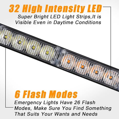 Woanger 4 Pcs Emergency Flashing Lights 16.6 inch LED Strobe Light Bar Traffic Advisor Light 64LED 26 Flash Patterns Interior Safety Light Police Warning Light for Vehicle Truck Pickup (Amber/White) in Saudi Arabia