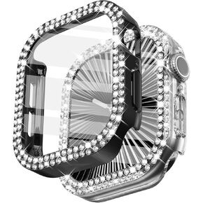 Wingle 2 Pack Bling Case for Apple Watch Series 10 46mm Screen Protector Case, Diamond Face Cover Apple Watch 10 46 mm Crystal Rhinestone iWatch Protective Tempered Glass Screen Protector Silver/Clear