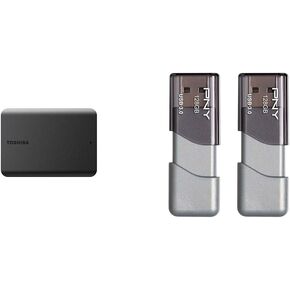 Toshiba Canvio Basics 1TB Portable External Hard Drive USB 3.0, Black - HDTB510XK3AA & PNY 128GB Turbo Attaché 3 USB 3.0 Flash Drive, 2-Pack, Silver