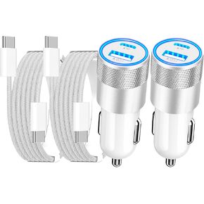 USB C Car Charger for iPhone 16/16 Pro Max, 2Pack 66W Dual Ports USB-C & USB-A Car Charger with 6FT Woven USB C Fast Charging Cable for iPhone 16 Plus/16 Pro, iPhone 15/15 Pro Max, iPad, Galaxy, Pixel
