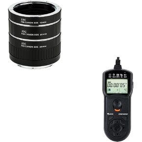 JJC EF/EF-S Mount Auto Focus Macro Extension Tube Set & Intervalometer Timer Remote for Canon Rebel T7 T6 T5 T8i T7i T6i T6s T5i T4i T3i T4i T3i XSi SL3 SL2 SL1 EOS 90D 80D 77D 70D 60D & More Cameras