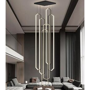 6-Rings Chandelier Modern, Gold Contemporary LED Light for Living Room Entrance, Dimmable Flush Mount High Ceiling Chandeliers with Remote Control for Villa Foyer