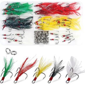 OROOTL Feathered Treble Hooks Kit, 120pcs Dressed Treble Fishing Hooks with Split Rings Set Round Bend Feather Triple Hooks Size 6 for Making Fishing Lure Saltwater Freshwater