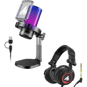 MAONO USB Condenser Microphone Gaming Bundle: 3.5 mm Monitor Headphones for Gamer, Youtuber, Podcaster