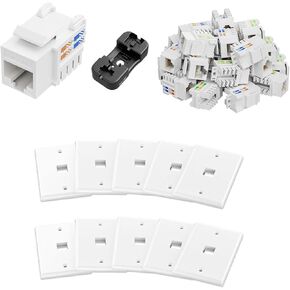 iwillink 25 Pack White Cat6 RJ45 Keystone Jacks with Punch-Down Stand and 10 Pack 1-Port Keystone Wall Plates