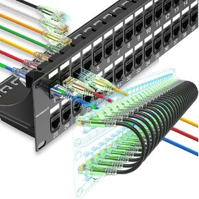 Patch Panel 48 Port Cat6 with Coupler Keystone and Cat6a Patch Cables Slim 1ft (24 Pack) Black