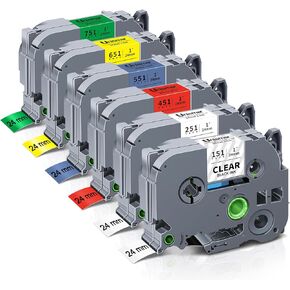 6-Pack TZe TZ Tape 9mm 0.35" Laminated Colored Compatible for Brother P Touch Label Tape 3/8 Inch for PT-D210 D220 H110 D400 Label Maker, Clear/White/Red/Blue/Yellow/Green