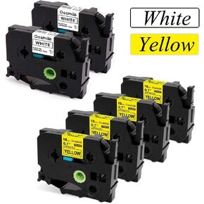 Black on Yellow/White Label Tape Replacement for Brother Ptouch Label Maker, 6-Pack