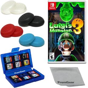Luigi's Mansion 3 for Nintendo Switch (إصدار الولايات المتحدة) ، مع قبضة الإبهام Premgear (8 حزمة - أسود ، أزرق ، أحمر وخالي) ، حامل بطاقة لعبة 24 Slot Slot و Cleaning Cleaning