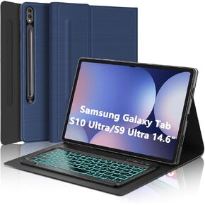 Keyboard Case for Samsung Galaxy Tab S10 Ultra/S9 Ultra/S8 Ultra 14.6 inch, 7-Colors Backlight Detachable Wireless Keyboard, Slim Protective Folio Case with S Pen Holder, Auto Sleep/Wake, Dark Blue