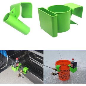 Bright Green Fishing Rod Holder & Phone/Drink Tool Holder Combo for Sleds & Buckets