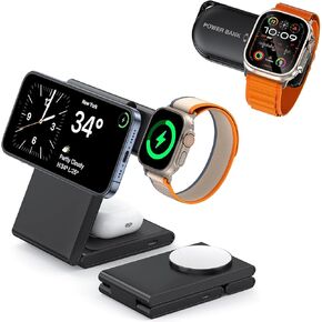 3 in 1 Wireless Charging Station Bundle with Portable Charger for Apple Watch, Fast Foldable Travel Mag-Safe Stand for iPhone 15 14 13 12 Pro Max/Plus/Pro/Mini, for iWatch Series 9/8/UItra/7/6/5/4/3/2