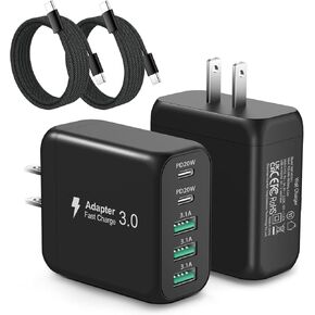USB C Wall Charger Block, 2Pack 50W 5-Port C Charger Fast Charging Block with 10ft USB C to C Cable, PD Power Adapter +QC 3.0 Multiport Type C Box Brick for iPhone 16/15/14 Pro Max Plus,iPad,Samsung