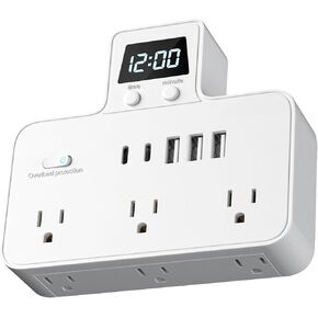 6 Outlets Multi Plug Outlet Extender, USB C Wall Charger with 6 Outlets and 5 USB, 3 USB-A & 2 USB-C, Multiple Plug Mini Wall Expander, Outlet Splitter with Clock