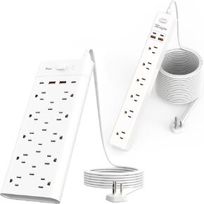 10 Ft Power Strip with 7 Outlets 4 USB Ports, 6 Ft Surge Protector Extendsion Cord with 14 Outlets and 4 USB Ports