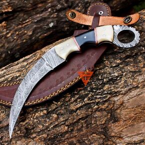 Cosplay Kingdom Handmade Karambit Damascus with Leather Sheath, For Skinning, Camping, Outdoor Survival - Camel Bone and Buffalo Horn Handle - EDC Razor Sharp Blade - Full Tang Fixed Blade Karambit