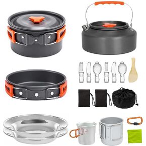 Camping Cooking Set Camping Cookware Outdoor Aluminum Mess Kit with Frying Pan, Pot with Lid, 1.2L Kettle Set and 2 Stainless Steel Plate, 2 Folding Cups and 2 Set Knives Spoons for Backpacking Picnic