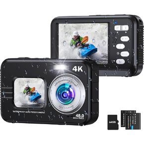 Underwater Camera, Selfie Dual Screens 4K 48MP 11FT Autofocus Waterproof Digital Camera for Snorkeling,16X Zoom, 64GB Card, 2 Batteries, Fill Light (Blue)