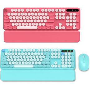 Pink Wireless Keyboard and Tiffany Blue Wireless Keyboard Mouse, , Round Keycaps, Full-Size Retro Typewriter Keyboard with Detachable Wrist Rest, Sleep Mode & Tilt Legs, 2.4GHz Cordless Connection
