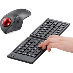 SANWA Dual Mode Trackball Mouse and Bluetooth Foldable Keyboard Set, Programmable Silent Buttons, 44mm Index Rollerball Mice, Portable Folding Keyboard, Compatible with Mac, Laptop, Windows, PC