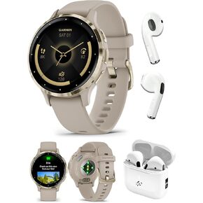 Garmin Venu 3S (Soft Gold/French Gray) Fitness GPS Smartwatch Bundle - AMOLED Touchscreen, 10 Days Battery, Sleep & Recovery - Includes PB Wireless Running Earbuds