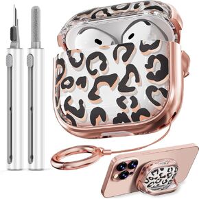 AirPod 4 Case with Lock,Clear TPU Floral Cute AirPod 4th Generation Case with Cleaner Kit and Keychain,iPod 4 Cases for Women Girly -Leopard Print