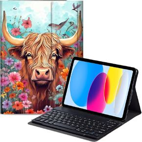 Keyboard Case for iPad (A16) 11th/10th Generation (11/10.9 Inch, 2025/2022), Detachable Bluetooth Keyboard, Thin & Light Folio Cover, Cow and Flower