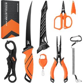 Kastking Steelstream 6pc مجموعة أدوات الصيد - كماشة صيد مقاومة للتآكل مع الحبل ، سكين فيليه ، قبضة شفة الأسماك العائمة ، مقص جديلة الصيد ، دامّل الأدوات ، هدايا الصيد للرجال