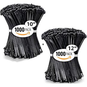 ALBO Zip Ties Black 10 Inch + 12 inch 2000 Pack Long Plastic Cable Ties Tie Wraps Heavy Duty UV Resistant Nylon Wire Ties for Indoor and Outdoor