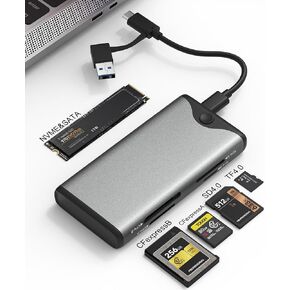 External SSD Enclosure & Card Reader 2 in 1 - CFexpress Type A/B, SD4.0/TF4.0 Card Reader, Tool-Free USB 3.2 Gen 2 M.2 NVMe/SATA Adapter for Professional Photographers and Videographers